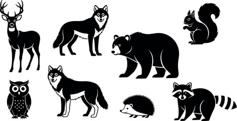 Black and white woodland animal silhouettes including deer, bear, wolf, owl, squirrel, raccoon, hedgehog for forest wildlife vector design