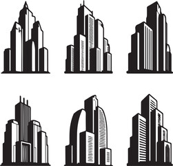Six black and white graphic illustrations of stylized city skyscrapers and buildings architecture urban
