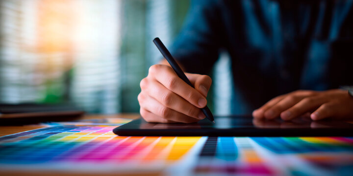 Male designer using graphic tablet and color swatches while working on creative digital project in modern workspace
