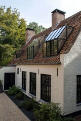 Beautiful white house with modern glass details and green surroundings captured in bright daylight in a peaceful neighborhood