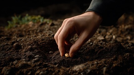 Hand planting a small seed into dark fertile soil