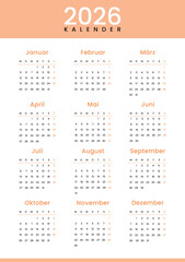 German Calendar 2026 Minimalist Template, Week Starts on Monday
