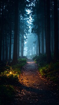 Misty forest path at twilight