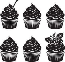 Six black and white silhouette cupcakes with frosting and toppings vector