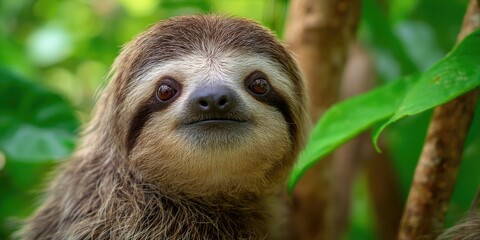 Fototapeta premium Slow-moving sloth in lush green forest