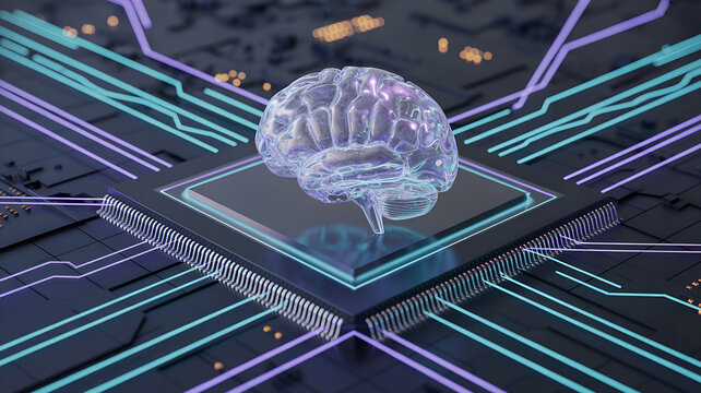 Digital brain on a microchip with glowing circuit board connections