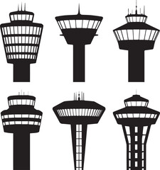 Six black silhouette airport control towers of varying designs on white background air traffic control