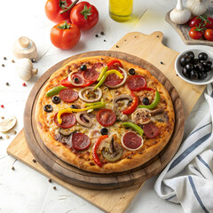 Overhead View of Gourmet Supreme Pizza on a Wooden Board with Fresh Ingredients Freshly Baked All-Dressed Pizza with Pepperoni, Peppers, Olives, and Mushrooms, Ready to Serve