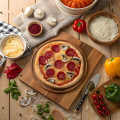 Overhead View of Mini Pepperoni and Mushroom Pizza with Fresh Rustic Ingredients Italian Food Preparation Pizza Assembly Surrounded by Raw Toppings and Kitchen Staples