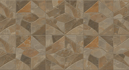 Ceramic tile texture, geometric realistic style, brown and beige colors, decorative pattern, seamless background with copy space.