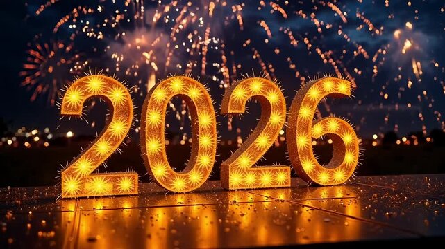Sparkling 2026 numbers glow with vibrant fireworks illuminating the night sky in a celebratory countdown, perfect for New Year's Eve promotions.
