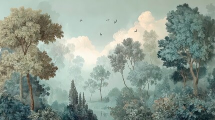 Wall painting with the image of trees and forest. Design for wallpaper, photo wallpaper, frescoes, wall painting and other works.