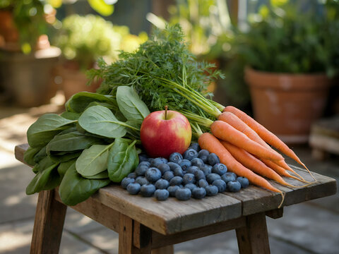 Fresh, healthy organic vegetables and fruit in a market basket ready for harvest