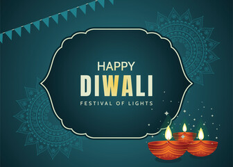 Happy Diwali, the Indian festival of lights, featuring typography with mandala frame, glowing diya, and paper flag on festive background, perfect for greeting cards, banners, and vector illustrations.