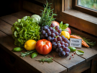 Fresh organic fruits and vegetables on a wooden table for a healthy vegetarian diet