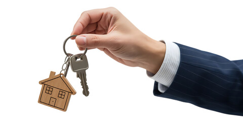 Hand holding house keys with wooden charm, close-up photograph, cutout, PNG isolated on white or transparent background