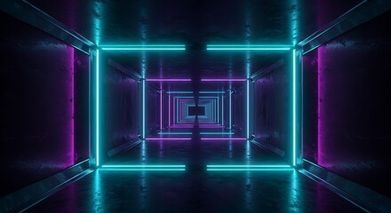 Futuristic Neon Tunnel with Glowing Blue and Purple Lights Abstract Background