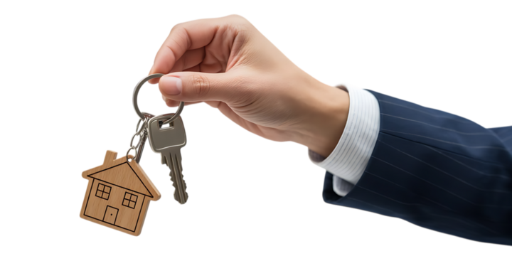 Hand holding house keys with wooden charm, close-up photograph, cutout, PNG isolated on white or transparent background