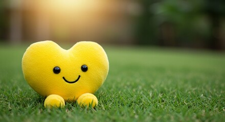Bright yellow smiling heart plush toy sits on lush green grass, bringing a feeling of pure happiness and warmth under the soft glow of sunlight