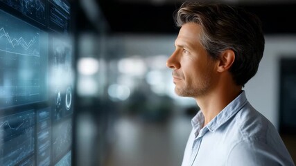 Mature man in business attire studies interactive digital screens displaying data visualizations, charts. Scene highlights innovation, leadership, advanced technology in corporate setting - Powered by Adobe