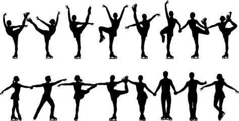 Figure skating silhouettes of solo and pair athletes performing spins, spirals, lifts, and elegant poses on ice in dynamic motion