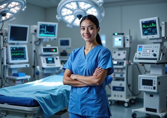 Confident medical professional in advanced operating room setting with modern equipment