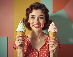 Retro style ice cream delight with vibrant geometric background and vintage fashion inspiration
