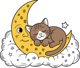 Cute Cartoon Cat Sleeping Peacefully on a Crescent Moon and Clouds, Sweet Dreams Vector Illustration with Stars for Nursery and Bedtime