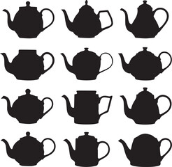 Twelve black silhouette teapots of various shapes and sizes on a white background vector