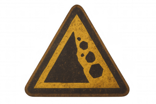 Falling rocks warning sign, weathered traffic hazard symbol indicating landslide danger, transparent background