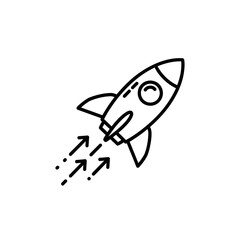 A black line art icon of a rocket ship launching upwards, with arrows symbolizing speed, growth, and progress.