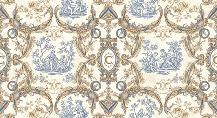 Elegant vintage toile pattern with pastoral scenes and ornate decorative elements