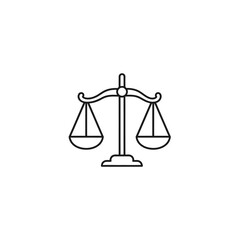 Line art illustration of a balanced scales of justice, symbolizing fairness and legal equilibrium.