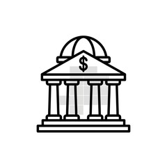 A simple black and white line icon of a classical bank building with columns and a dollar sign.