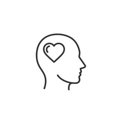 A minimalist line icon of a human head in profile with a heart inside, representing love, mental health, and emotion.