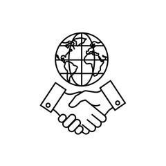Simple black and white illustration depicting global partnership through a handshake.