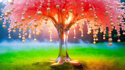 Papier peint photo Chambre de fille Crystal wish tree with glowing pearls and pink blossoms in magical field  © Odin