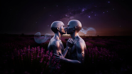 Naklejka premium Romantic cosmic couple embracing in lavender field under starry night