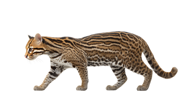A beautiful ocelot with distinctive spotted and striped fur walks gracefully against a solid black background