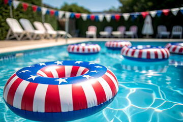 American flag inflatable rings float in bright blue swimming pool