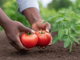African American hands gently holding ripe red tomatoes, surrounded by lush green plants in rich brown soil, showcasing the beauty of organic gardening and harvest