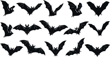 Set of flying bat silhouettes in various wing positions isolated on white background for Halloween, wildlife, and spooky design themes
