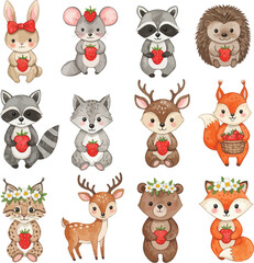 Obraz premium Adorable woodland animals holding red apples sticker set for kids fun art