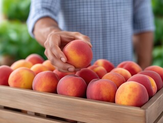 Fresh peaches are being carefully selected from a wooden crate by a person in a checkered shirt, showcasing vibrant colors and natural textures in a market setting