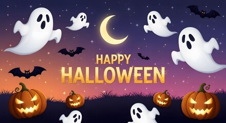 Halloween Night with Ghosts Bats Pumpkins and Moon Illustration