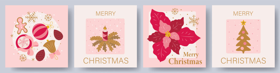 Merry Christmas cards set. Christmas design with typography and Christmas elements. Trendy hand drawn illustration for season banner, poster, cover. 