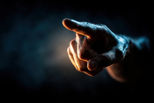 Illuminated hand pointing in dark background showcases focus and intention