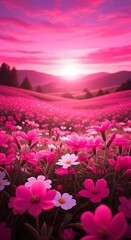 Fototapeta premium Vibrant pink flower field at sunset with rolling hills and dramatic sky