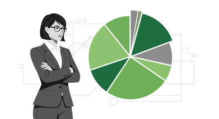 Businesswoman analyzing pie chart in a modern illustration with white background