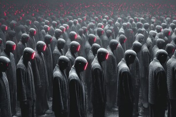 Obraz premium Men standing in a vast crowd wearing barcodes and glowing elements in a dark space